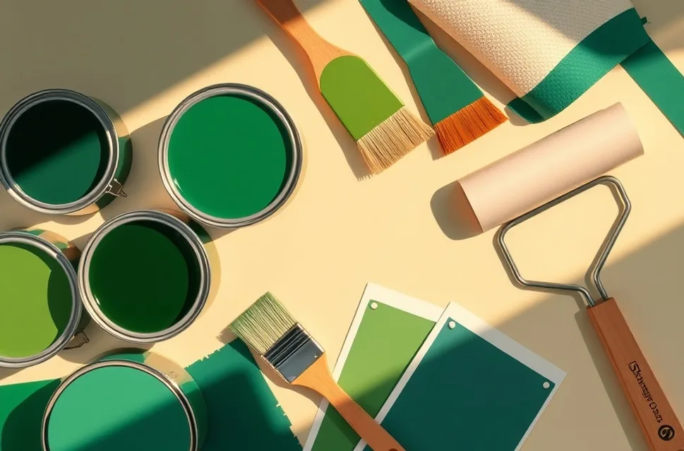 Pots de peinture, nuancier, brosses et rouleaux disposés à plat