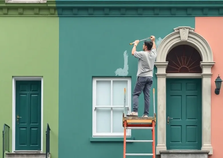 Peintre sur échafaudage traitant la façade d'une maison
